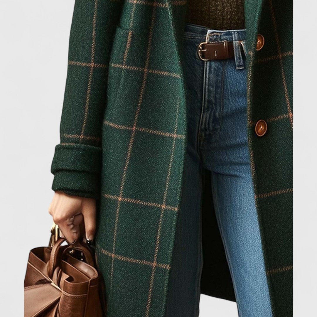Manteau à carreaux femme vert foncé, coupe ajustée, boutonné