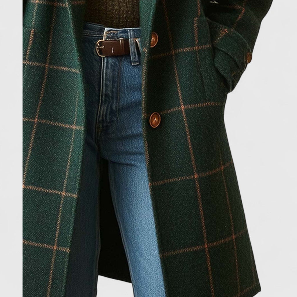 Manteau à carreaux femme vert foncé, coupe ajustée, boutonné