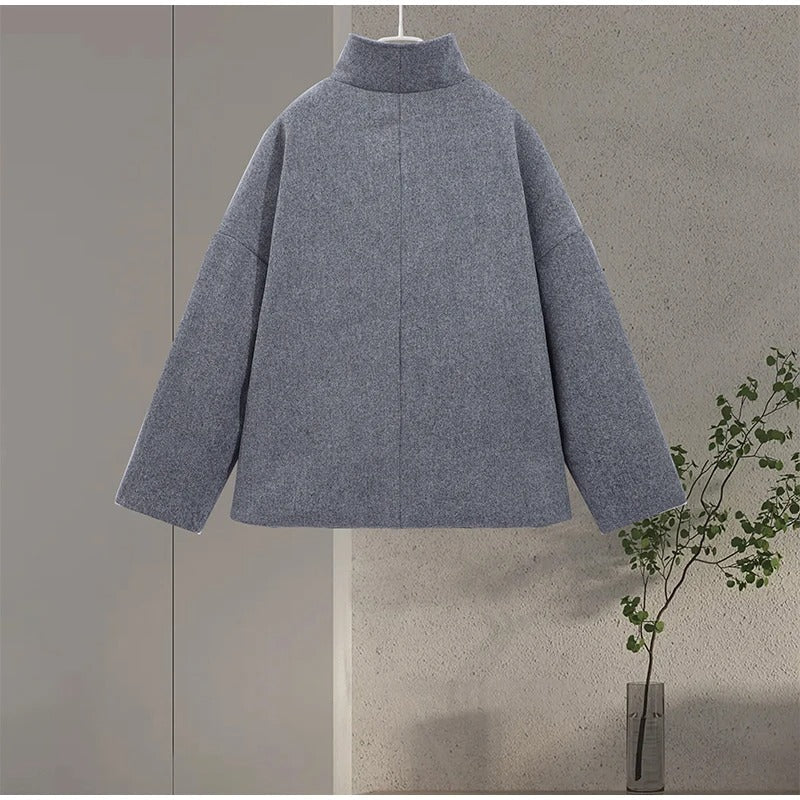 Manteau femme col montant boutonné, coupe droite, noir ou gris