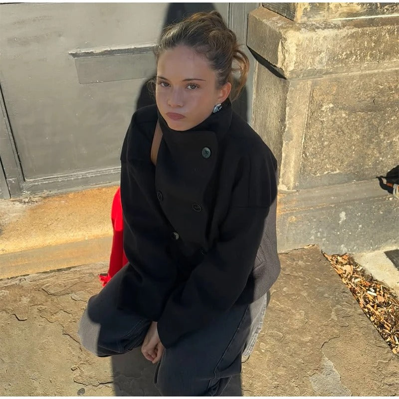 Manteau femme col montant boutonné, coupe droite, noir ou gris