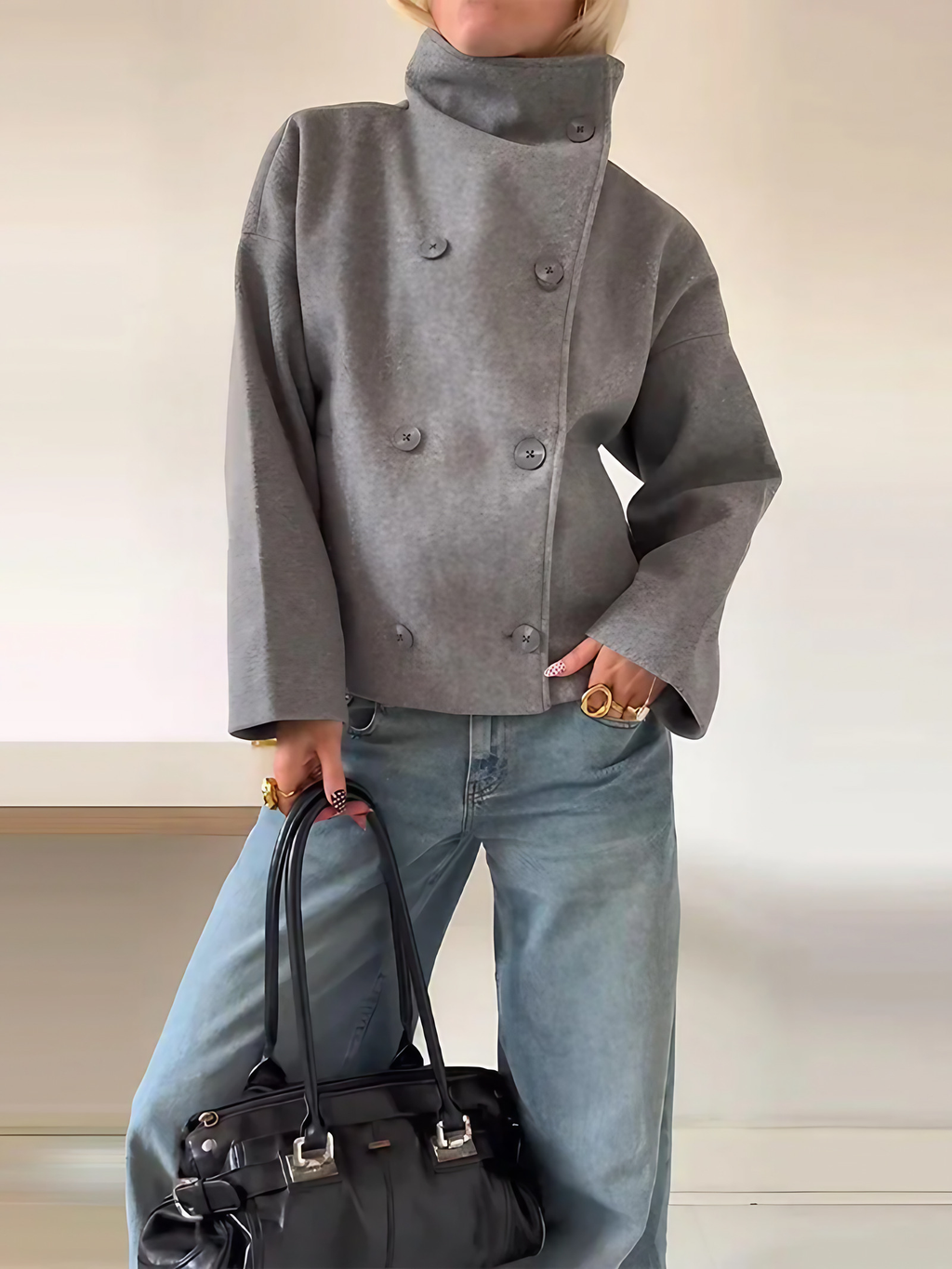 Manteau femme col montant boutonné, coupe droite, noir ou gris, gris