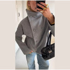 Manteau femme col montant boutonné, coupe droite, noir ou gris
