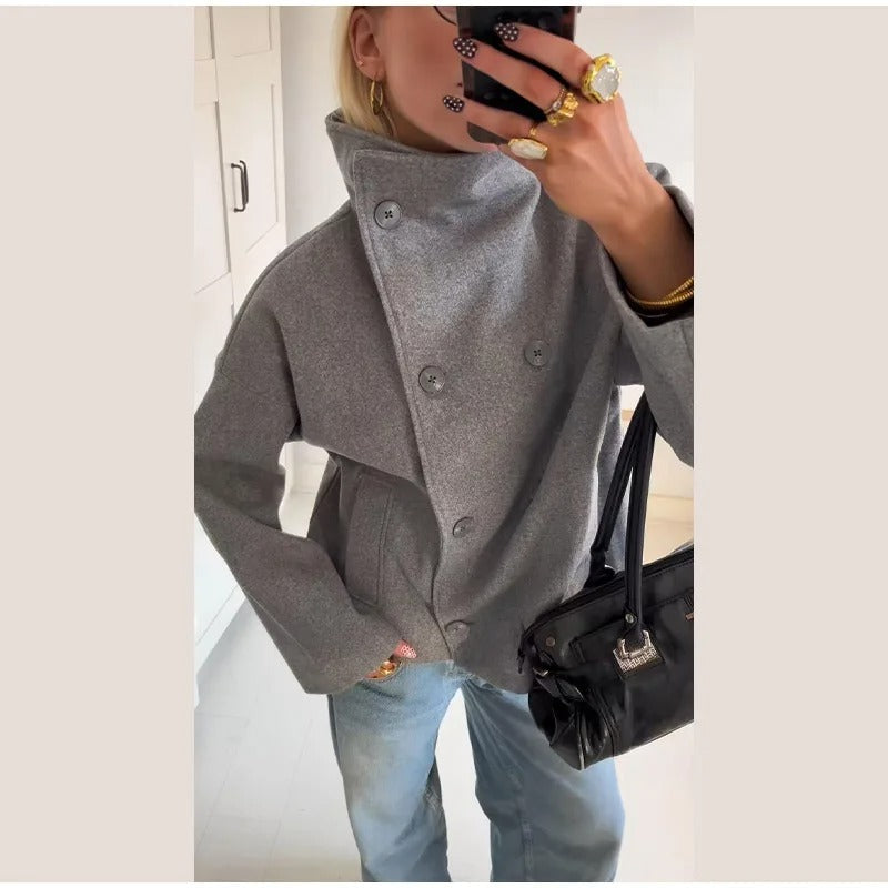 Manteau femme col montant boutonné, coupe droite, noir ou gris