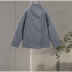 Manteau femme col montant boutonné, coupe droite, noir ou gris
