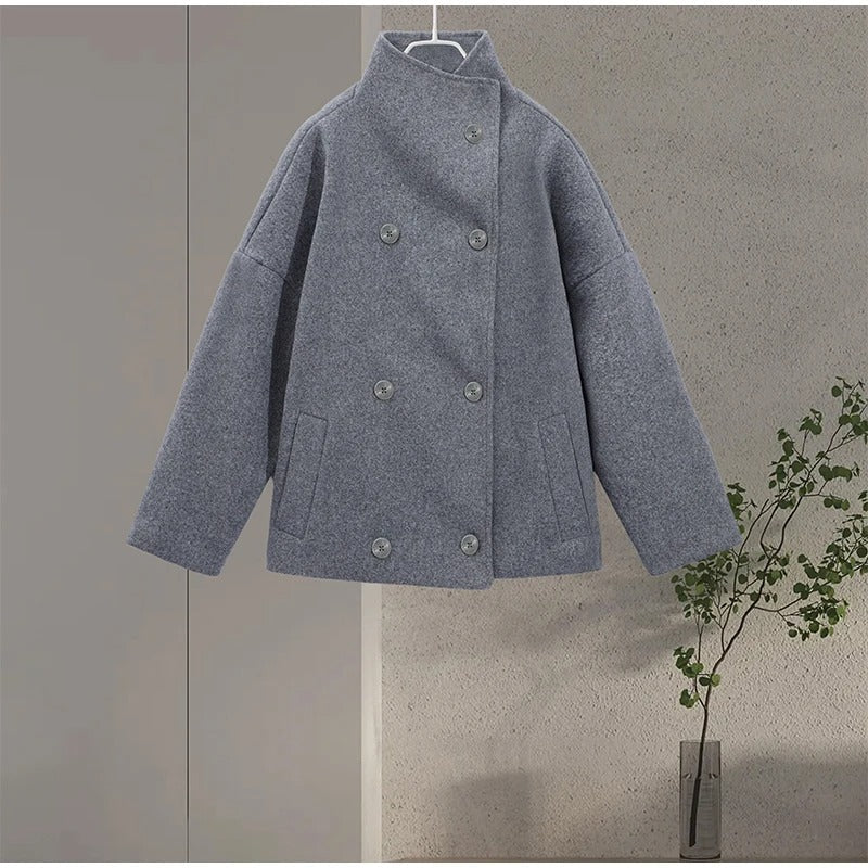 Manteau femme col montant boutonné, coupe droite, noir ou gris