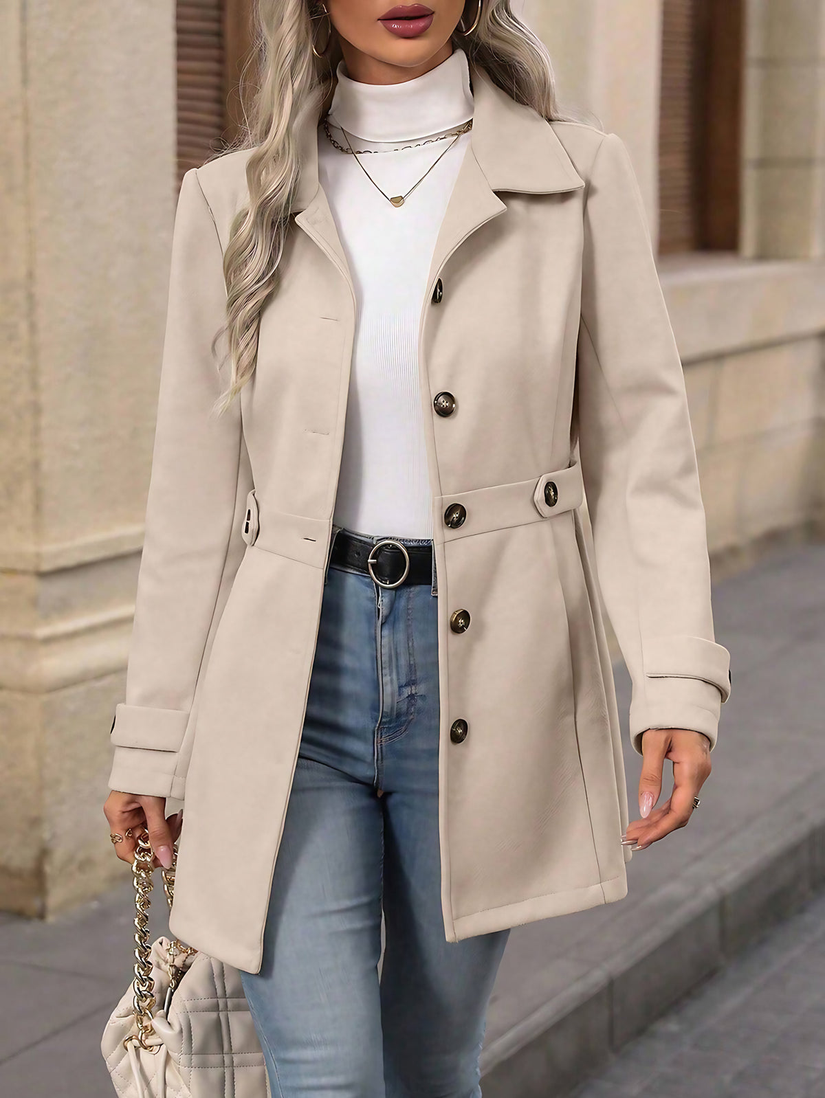 Manteau mi-long femme à col à revers et simple boutonnage, abricot