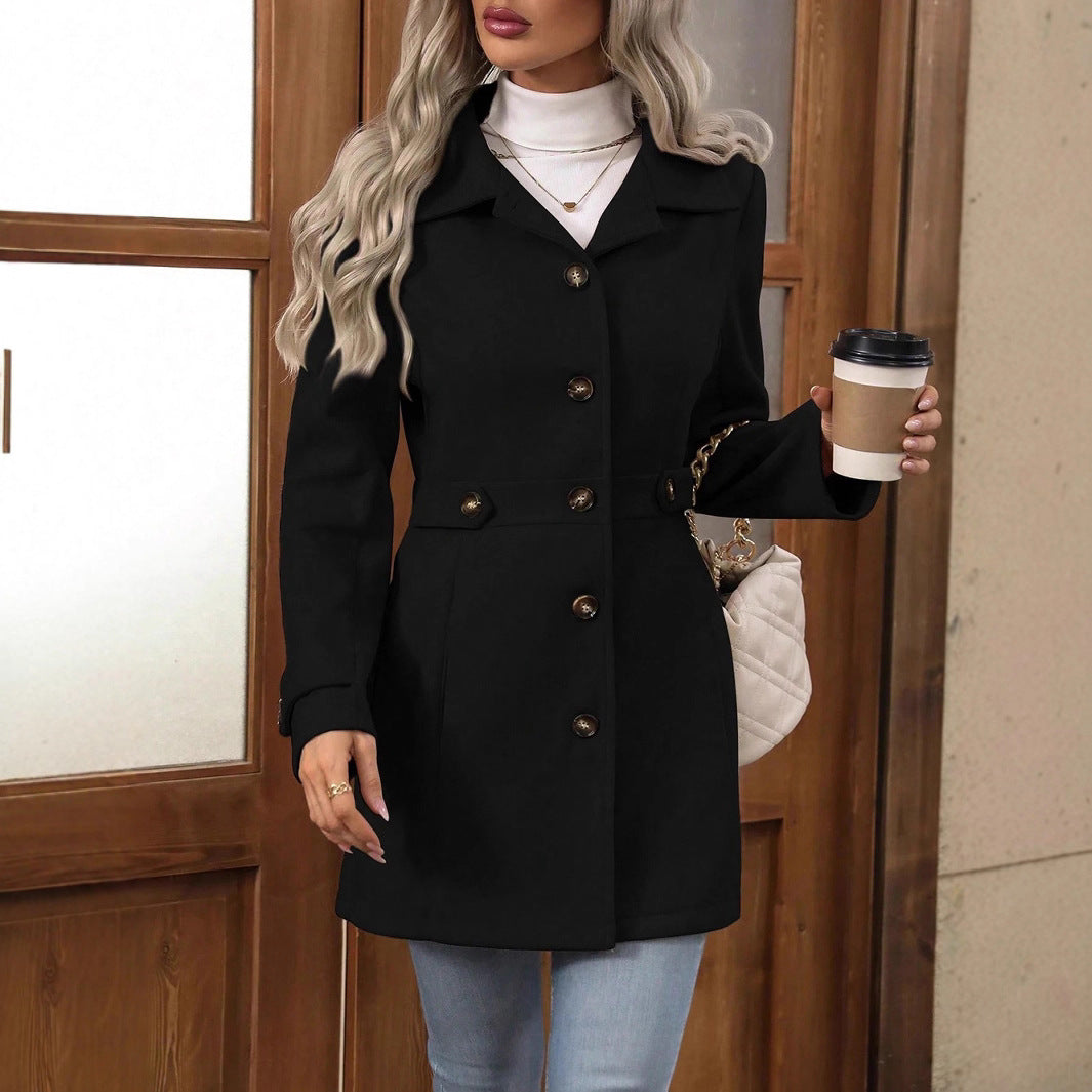 Manteau mi-long femme à col à revers et simple boutonnage