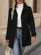 Manteau mi-long femme à col à revers et simple boutonnage, noir