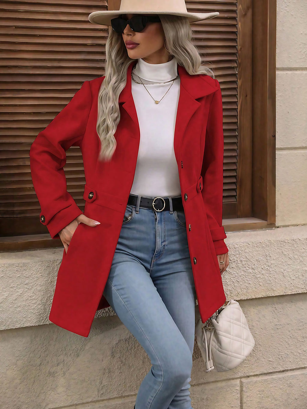Manteau mi-long femme à col à revers et simple boutonnage, rouge