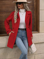 Manteau mi-long femme à col à revers et simple boutonnage, rouge