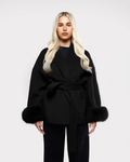 Manteau long femme à manches en fausse fourrure, ceinture à nouer, noir
