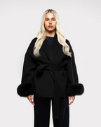 Manteau long femme à manches en fausse fourrure, ceinture à nouer, noir