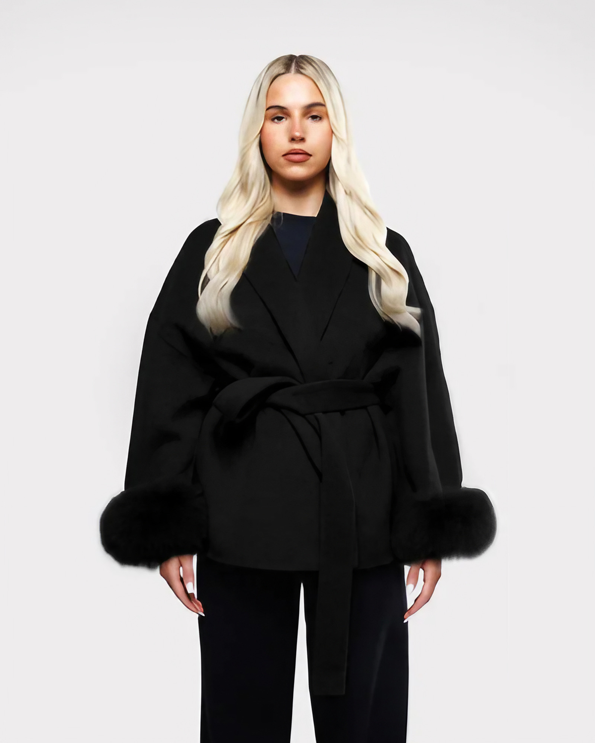 Manteau long femme à manches en fausse fourrure, ceinture à nouer, noir