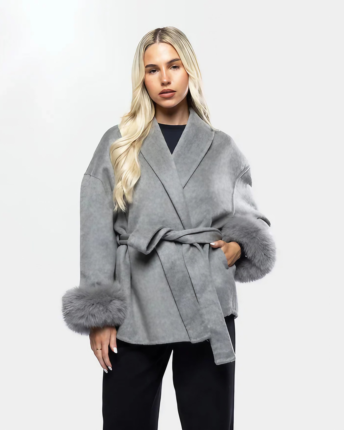 Manteau long femme à manches en fausse fourrure, ceinture à nouer, gris