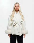 Manteau long femme à manches en fausse fourrure, ceinture à nouer, blanc