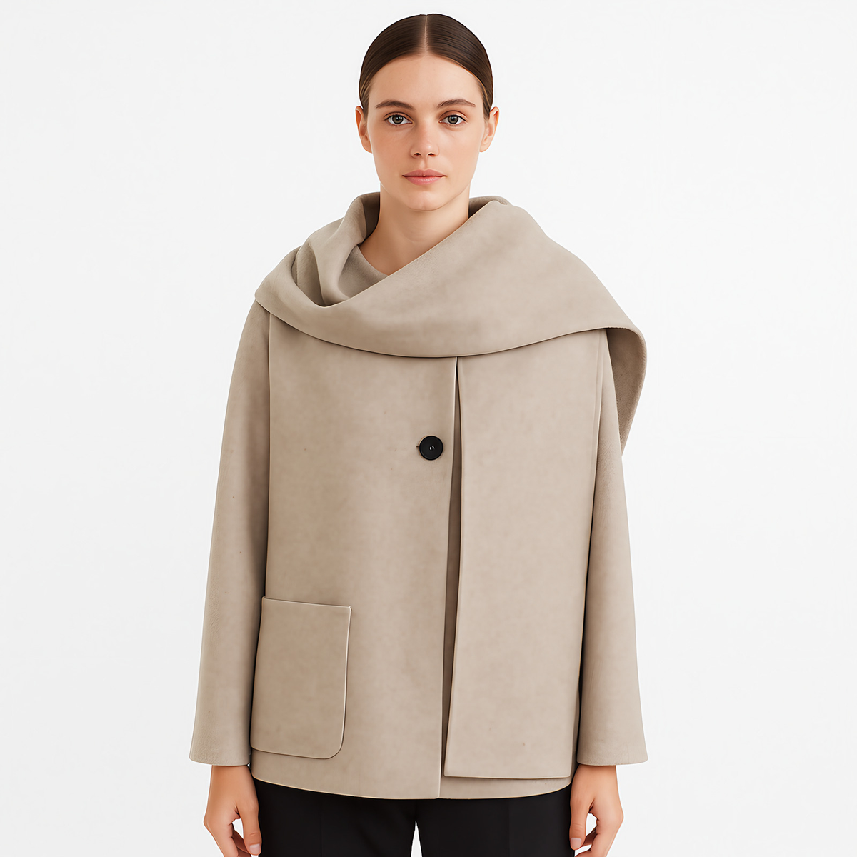 Manteau femme à col enveloppant et fermeture asymétrique