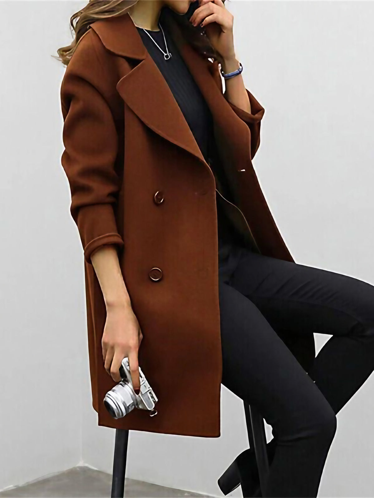 Manteau long femme classique, manches longues, trois coloris, marron