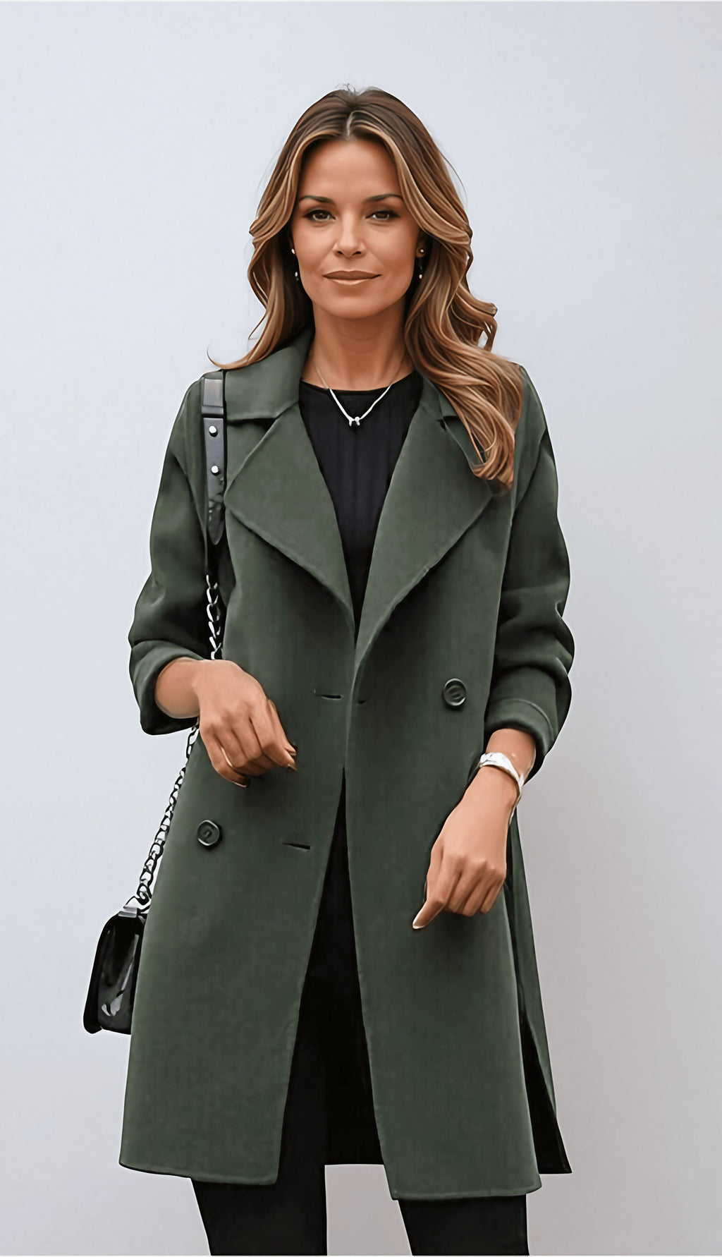 Manteau long femme classique, manches longues, trois coloris, vert