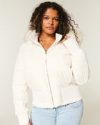 Manteau d'hiver femme court, capuche et col fourrure amovibles