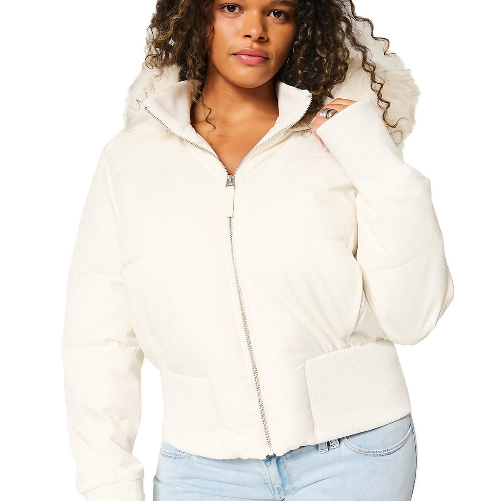 Manteau d'hiver femme court, capuche et col fourrure amovibles, blanc