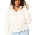 Manteau d'hiver femme court, capuche et col fourrure amovibles, blanc
