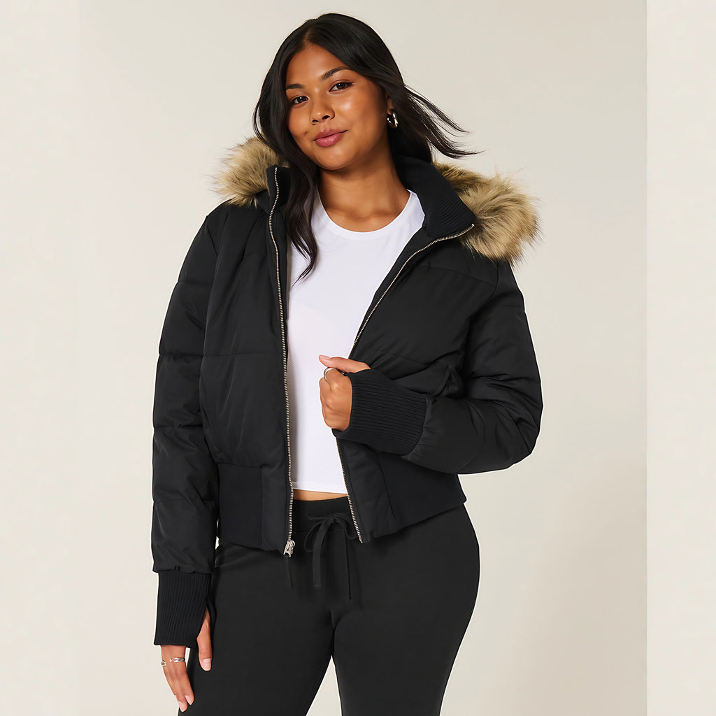 Manteau d'hiver femme court, capuche et col fourrure amovibles, noir