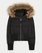 Manteau d'hiver femme court, capuche et col fourrure amovibles