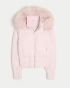 Manteau d'hiver femme court, capuche et col fourrure amovibles, rose
