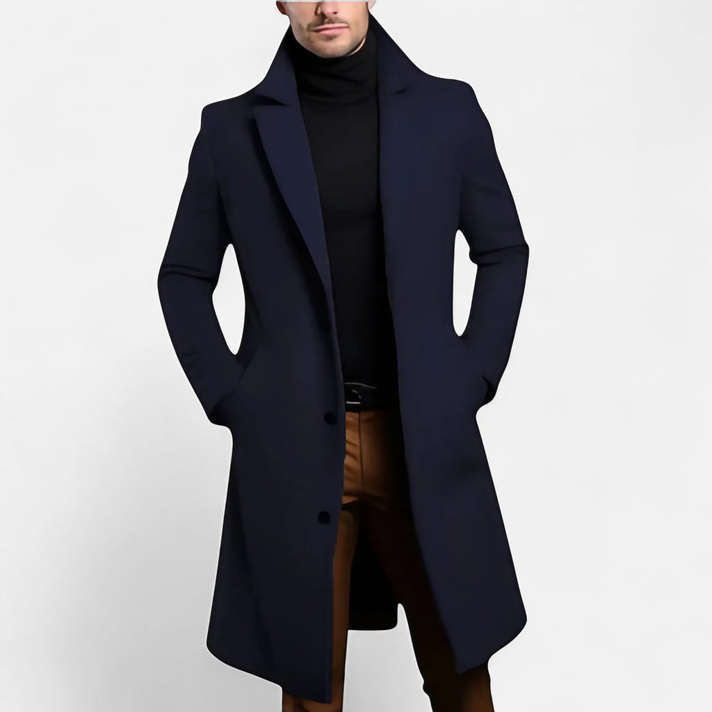 Manteau long homme à col structuré, poches latérales, bleu