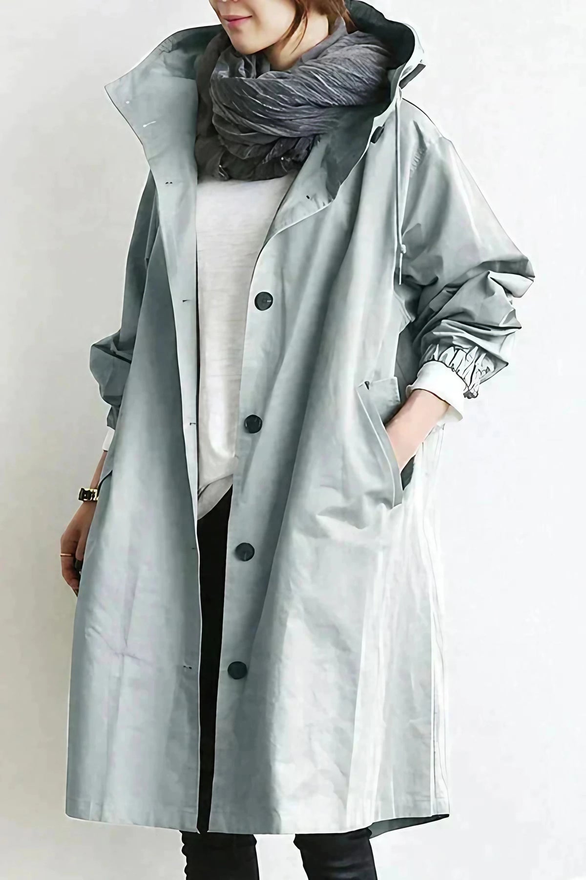 Imperméable femme à grande capuche, coupe ample, huit coloris, gris