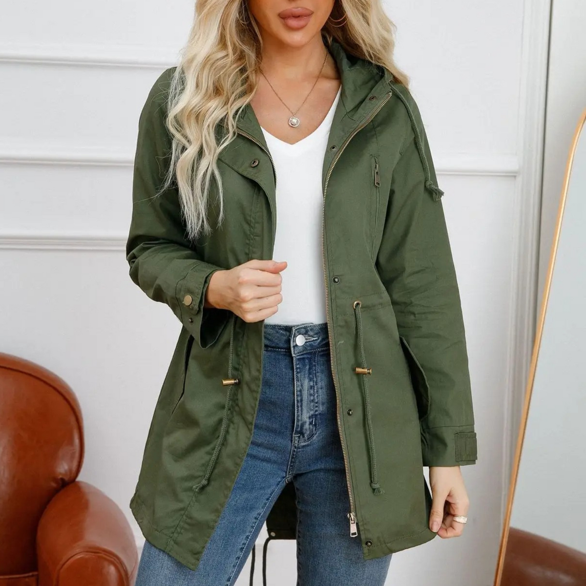 Manteau imperméable femme coupe-vent, capuche à cordon