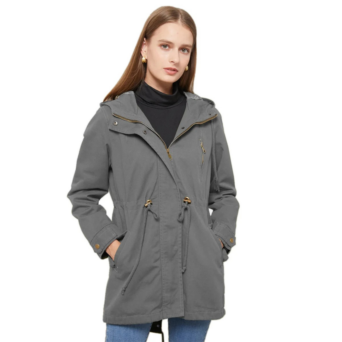 Manteau imperméable femme coupe-vent, capuche à cordon, gris