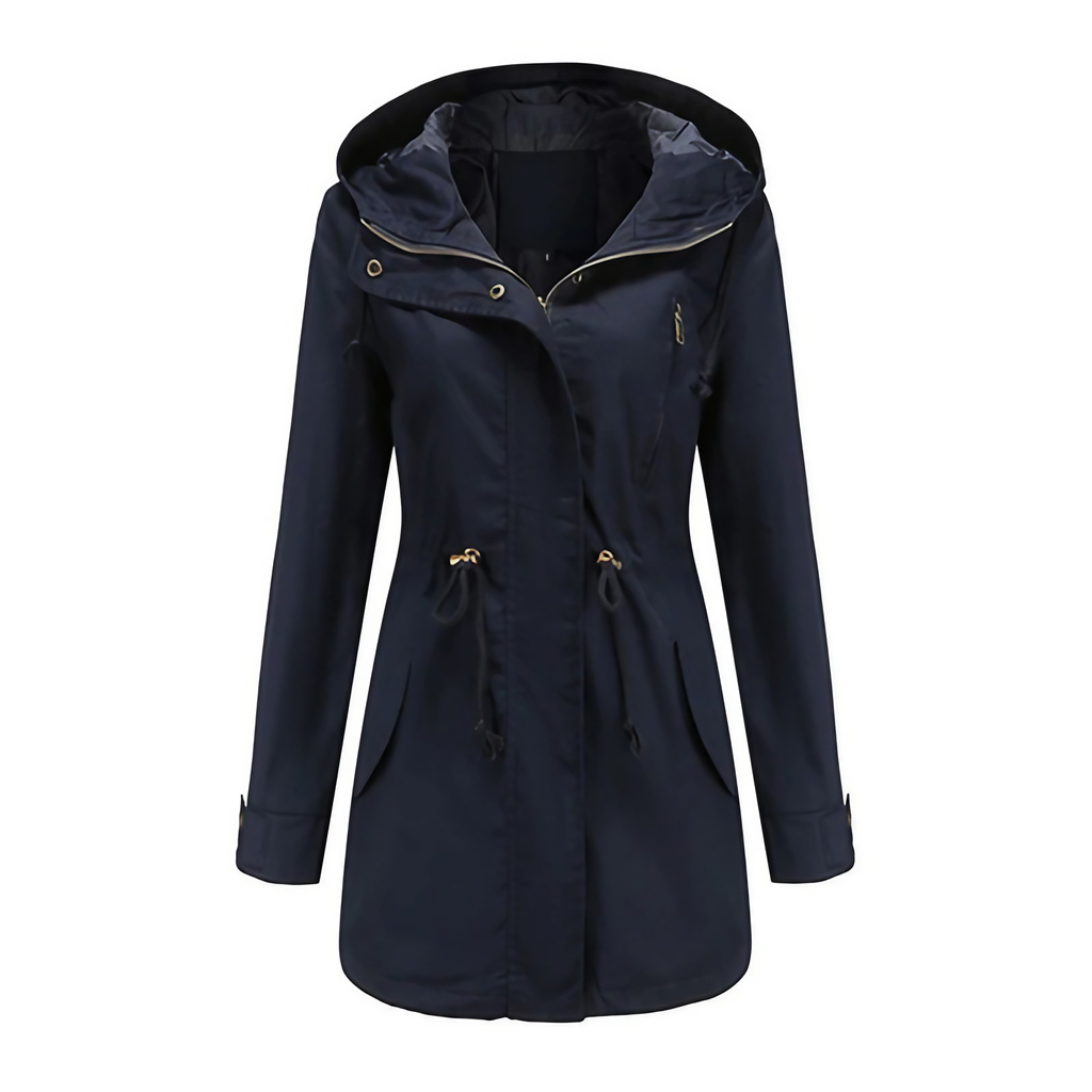 Manteau imperméable femme coupe-vent, capuche à cordon, bleu foncé