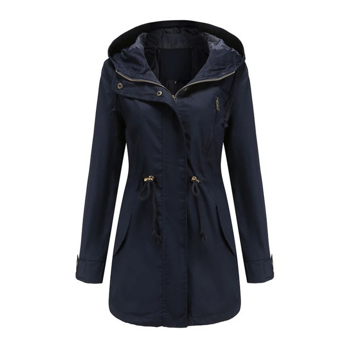 Manteau imperméable femme coupe-vent, capuche à cordon, bleu foncé