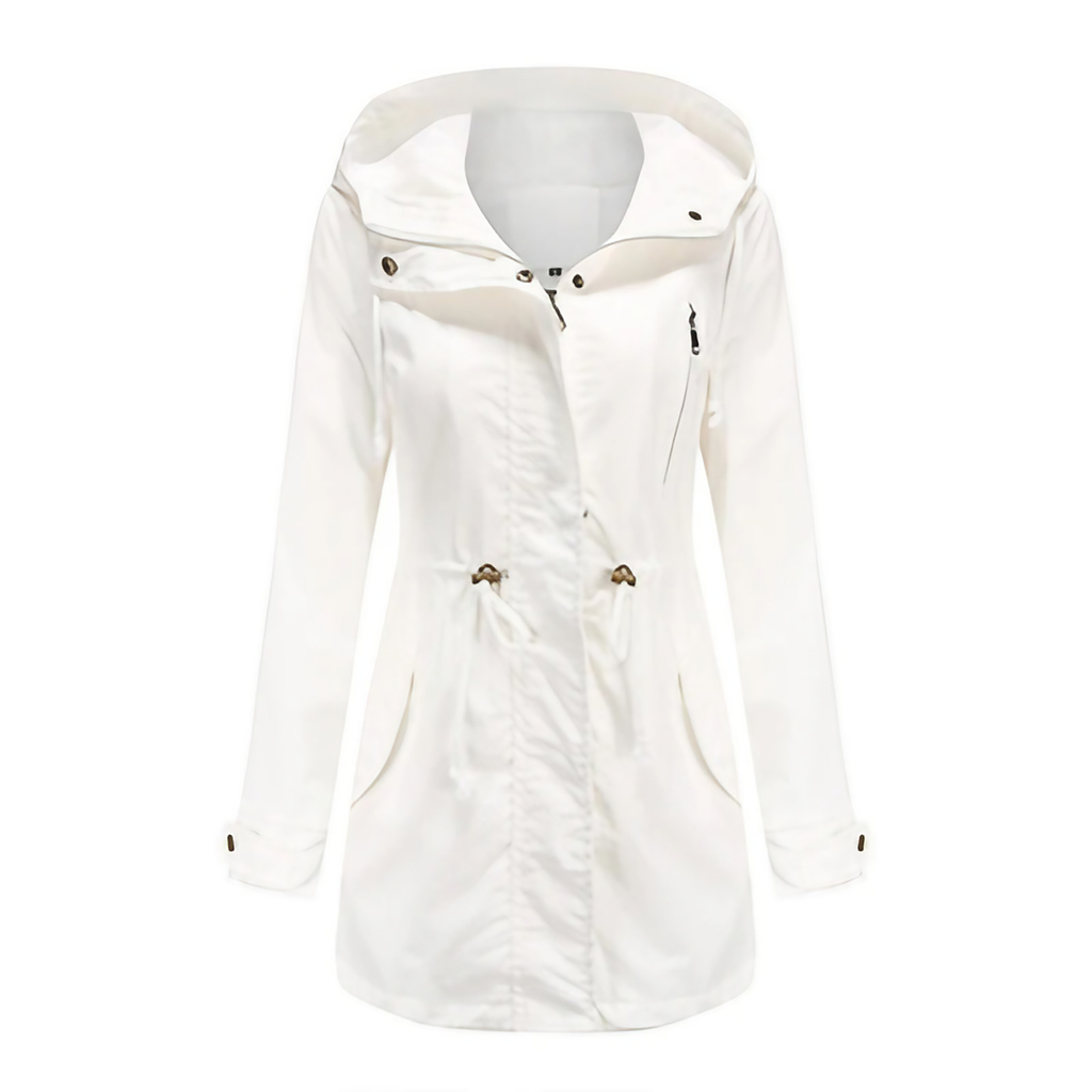 Manteau imperméable femme coupe-vent, capuche à cordon, blanc