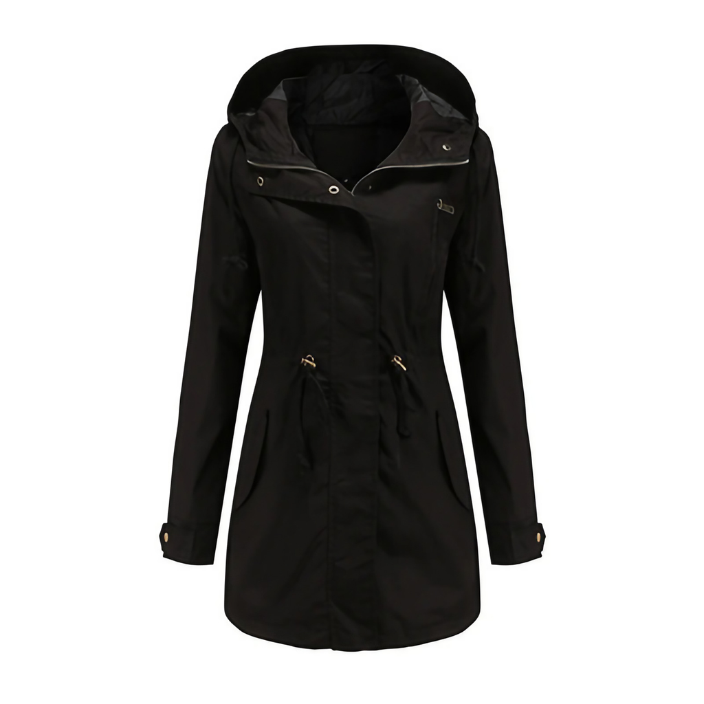 Manteau imperméable femme coupe-vent, capuche à cordon, noir