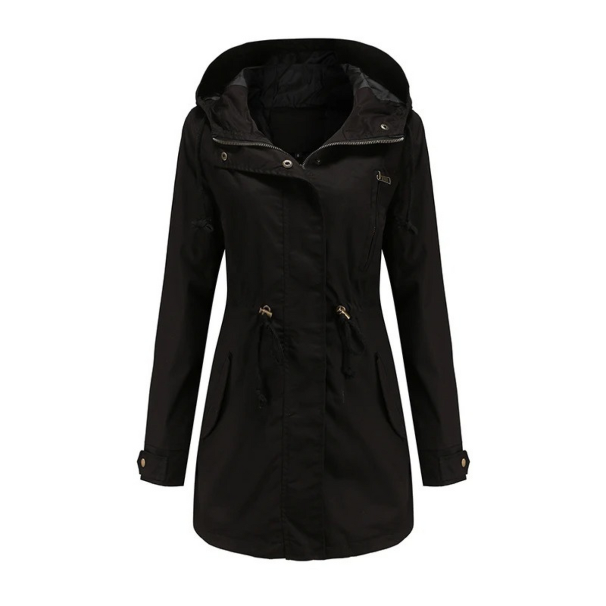 Manteau imperméable femme coupe-vent, capuche à cordon, noir