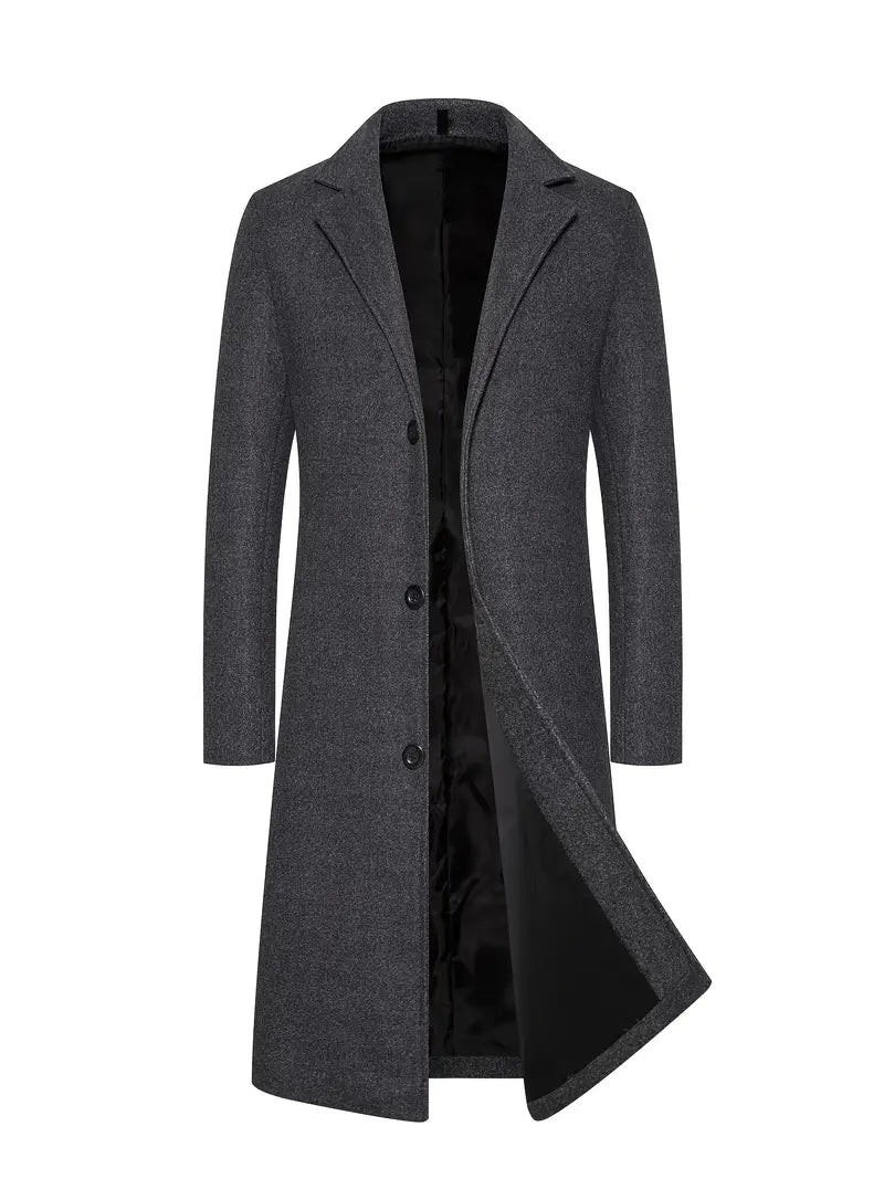 Manteau long homme coupe ajustée, simple boutonnage, trois coloris, gris foncé