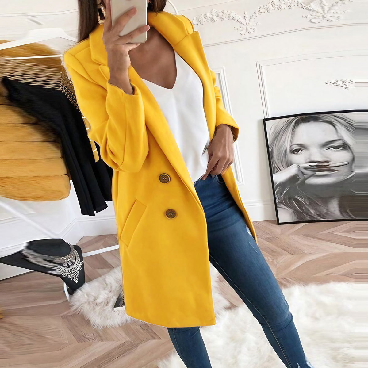 Manteau long femme à col tailleur, boutonné, dix coloris, jaune