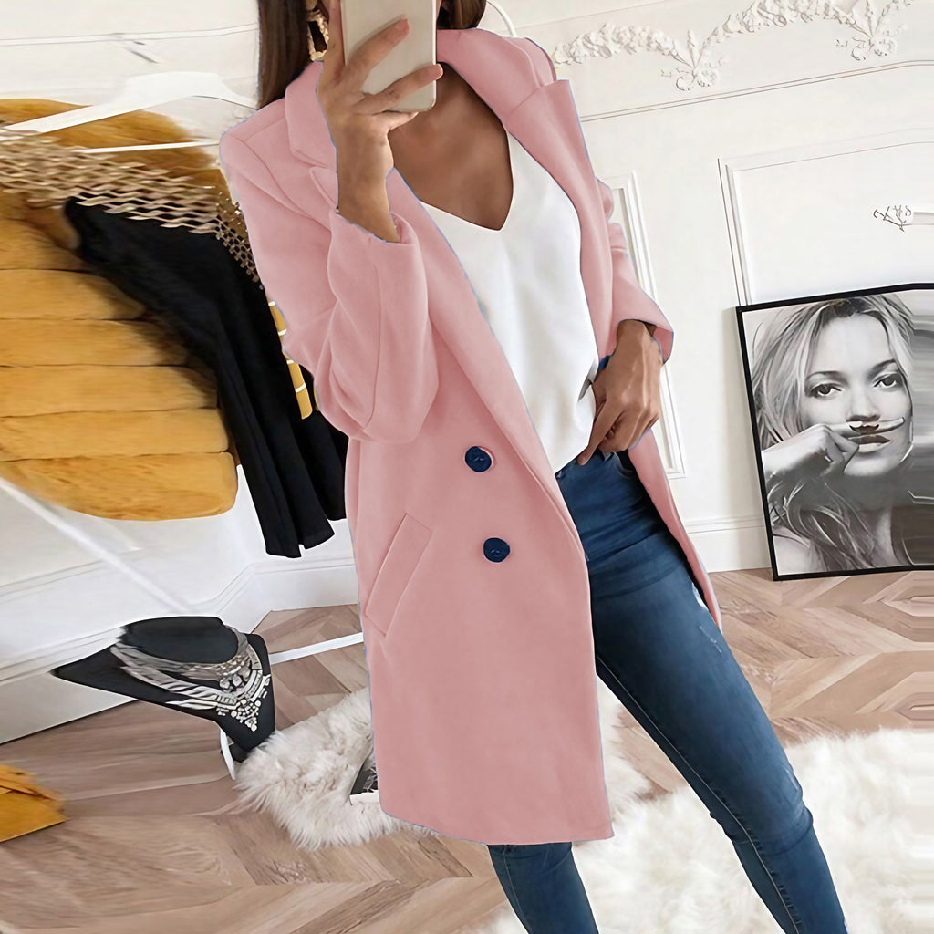 Manteau long femme à col tailleur, boutonné, dix coloris, rose clair