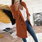 Manteau long femme à col tailleur, boutonné, dix coloris, orange foncé
