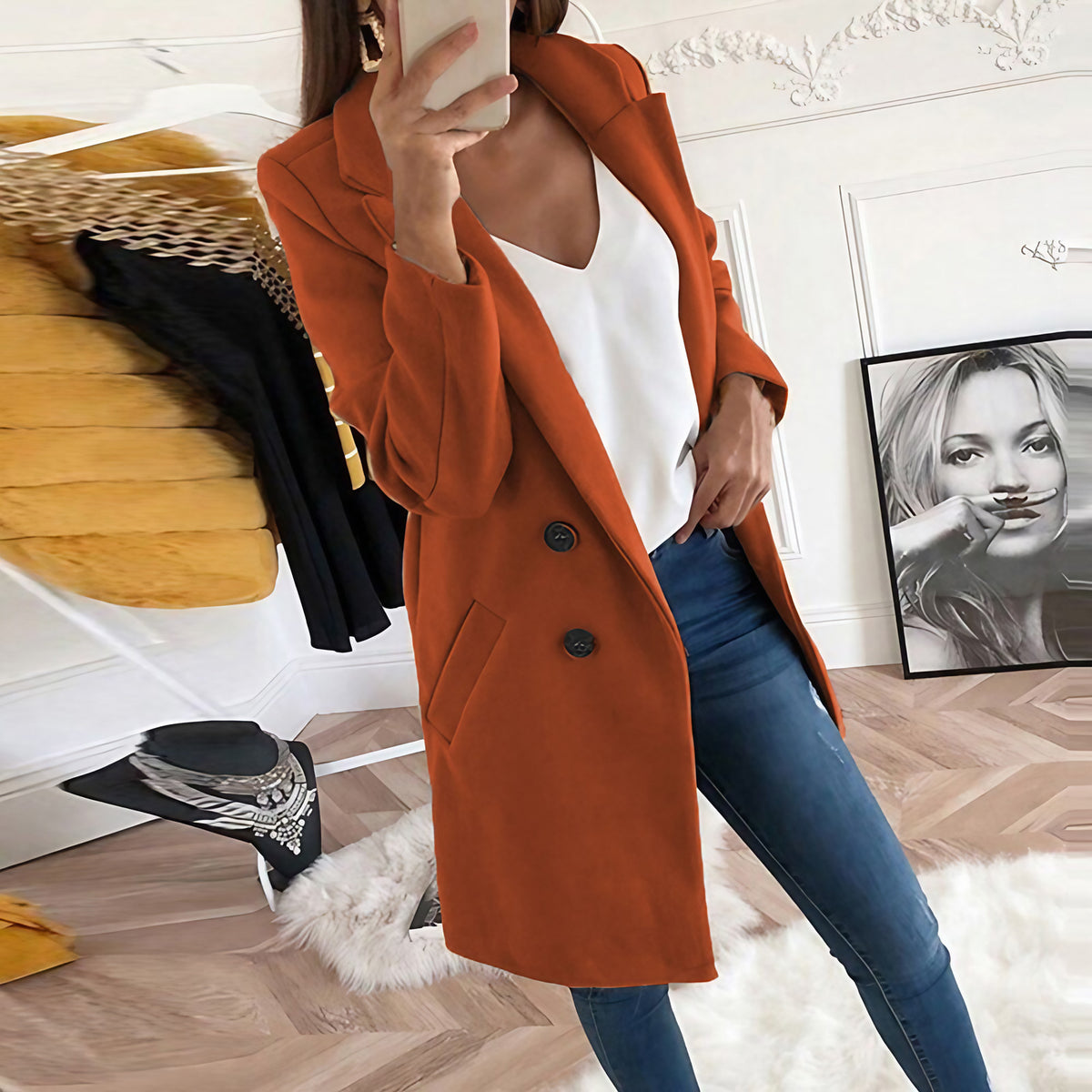 Manteau long femme à col tailleur, boutonné, dix coloris, orange foncé