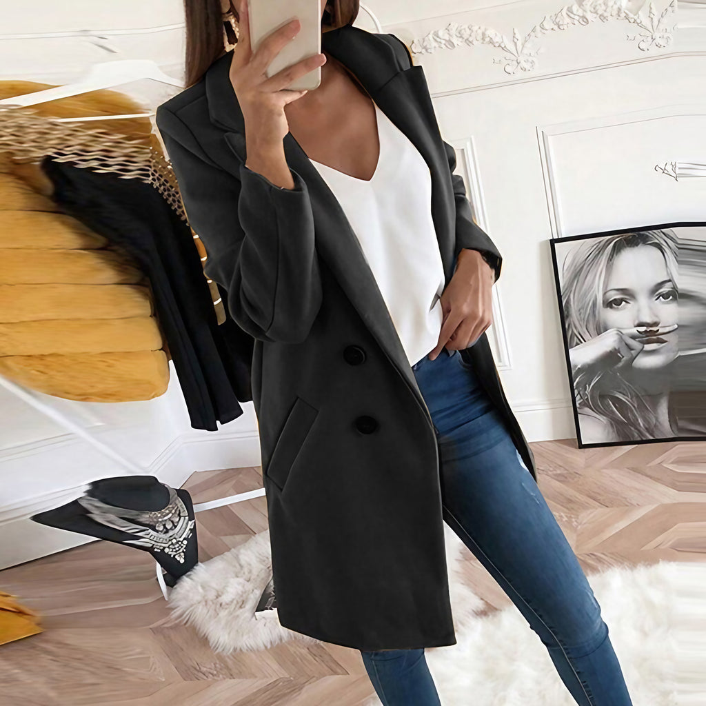 Manteau long femme à col tailleur, boutonné, dix coloris, noir
