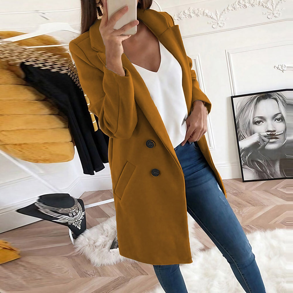 Manteau long femme à col tailleur, boutonné, dix coloris, marron