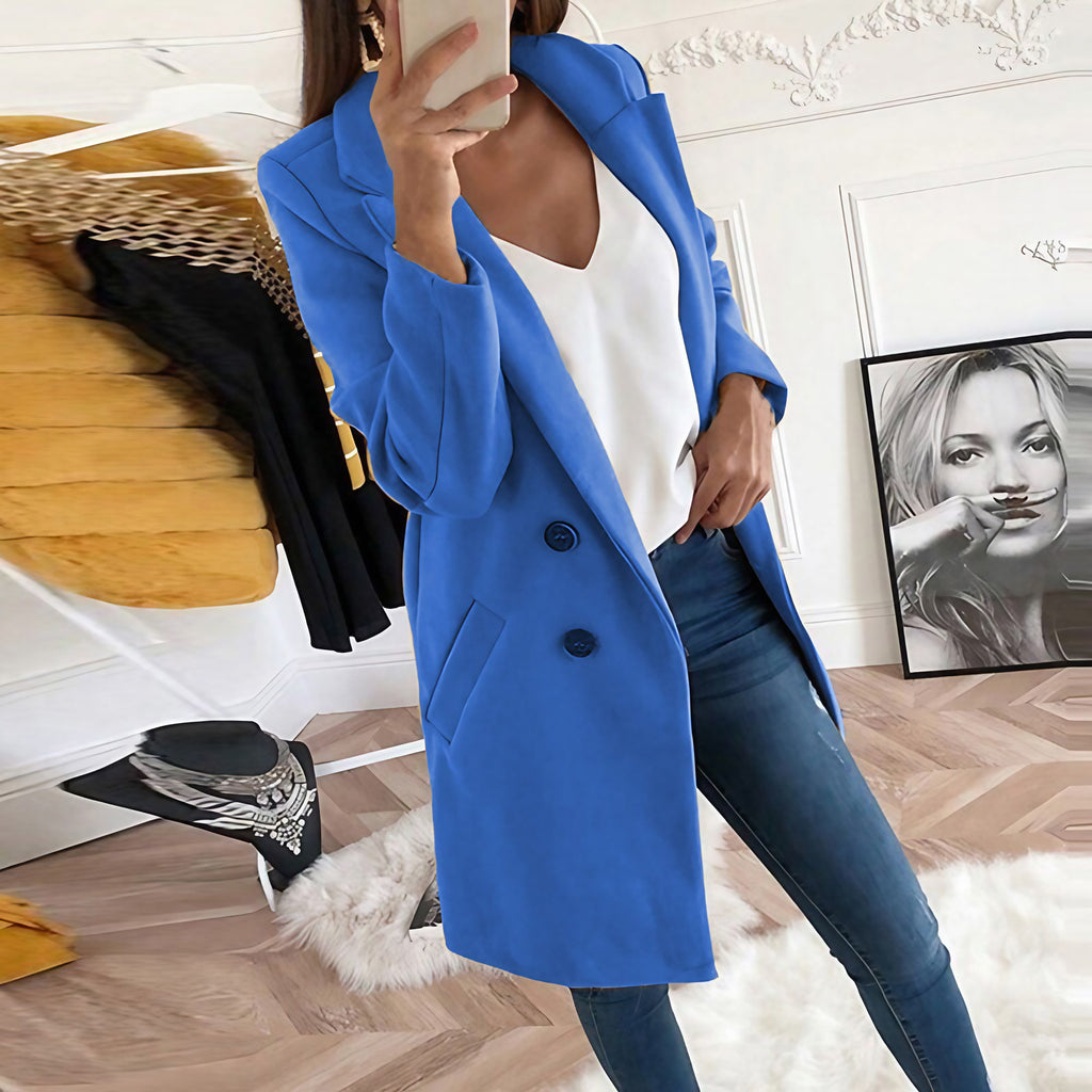 Manteau long femme à col tailleur, boutonné, dix coloris, bleu clair
