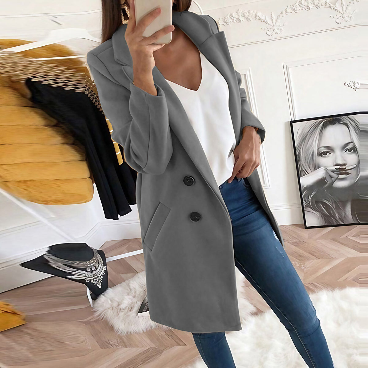 Manteau long femme à col tailleur, boutonné, dix coloris, gris