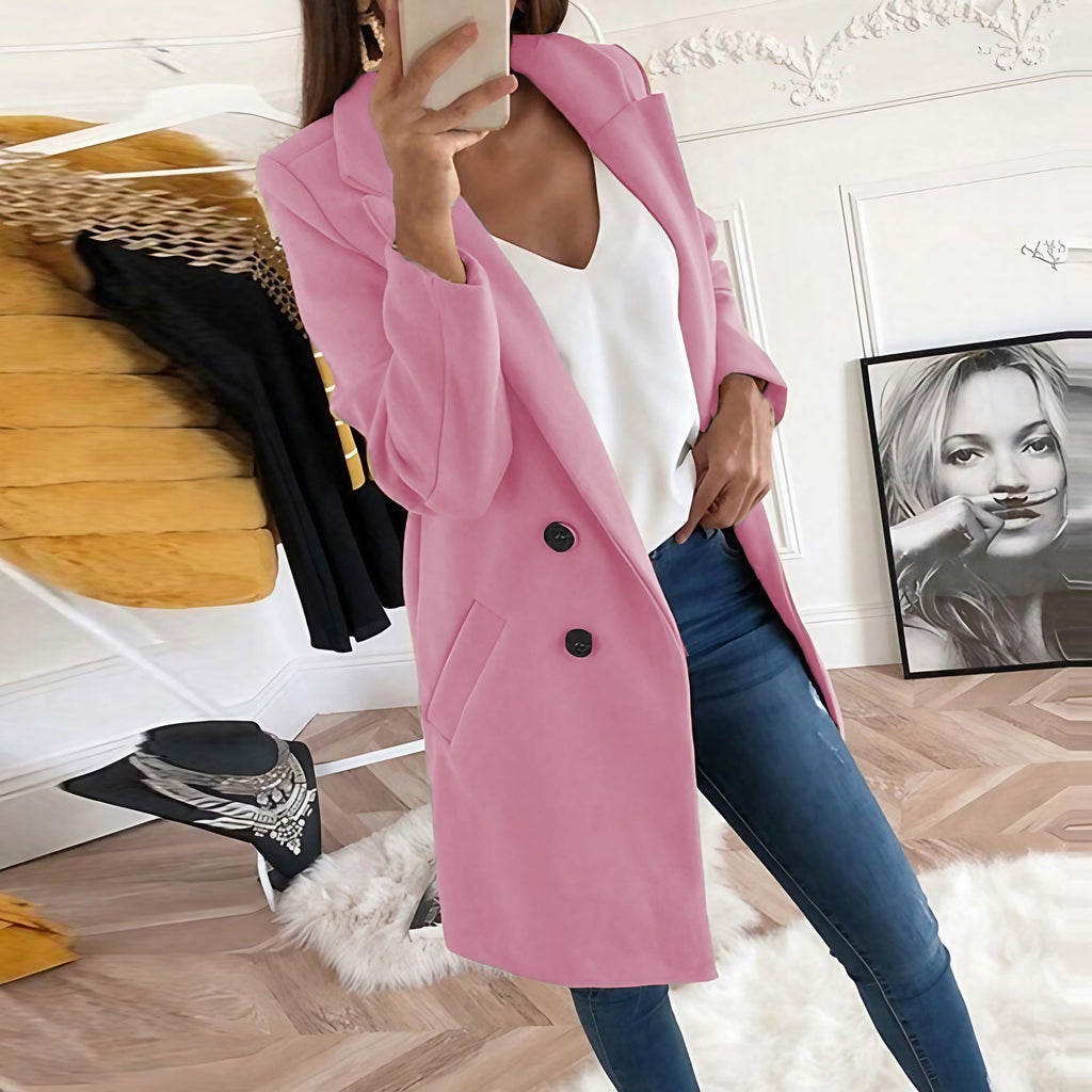 Manteau long femme à col tailleur, boutonné, dix coloris, rose