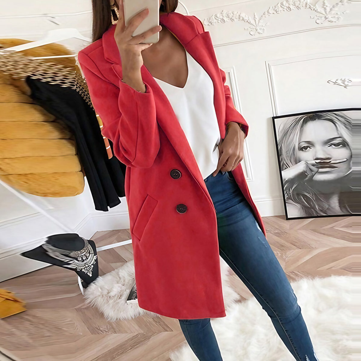 Manteau long femme à col tailleur, boutonné, dix coloris, rouge
