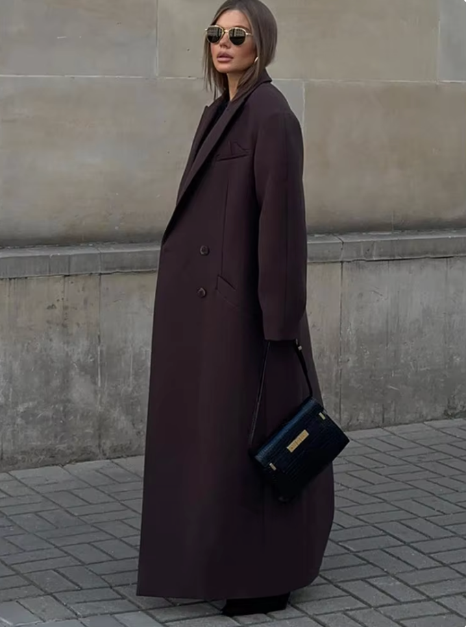 Manteau long femme marron à grand col, poches profondes