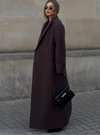 Manteau long femme marron à grand col, poches profondes